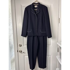 Talbots Suit 16 Navy Blue Jacket Pants Piping Hidden Buttons Elastic Waist Pants